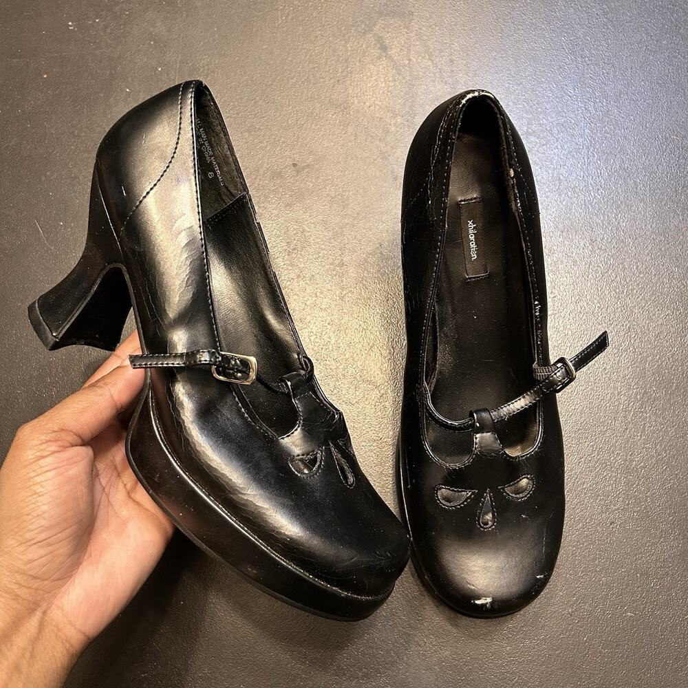 Vtg Xhilaration 90s MARY JANE HEELS platform kitten black leather chunky heel